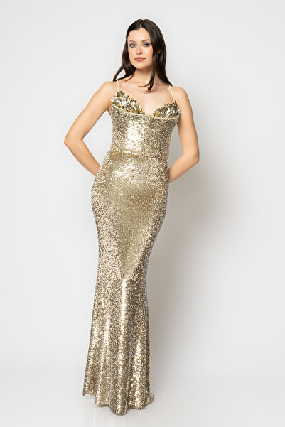 RENGIN Göğsü işli sırtı korsajlı payet uzun abiye elbise