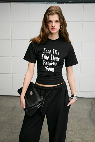 GRIMELANGE RISELUNA Kadın Yumuşak Kumaşlı %100 Pamuk Baskı Detaylı Siyah T-Shirt