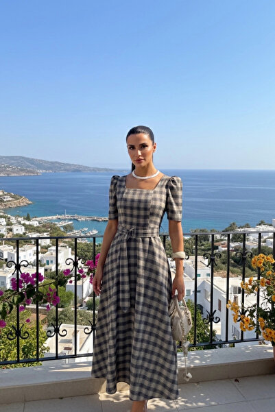 Lusin Women's Gray Square Collar Plaid Patterned Belted Short Sleeve Midi Len...