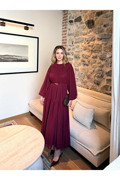 Miraydın Butik Layered Chiffon Dress with Gathered Belt Detail - Burgundy