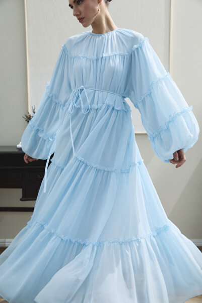 Miraydın Butik Ruffled Chiffon Dress with Lace Detail - Baby Blue