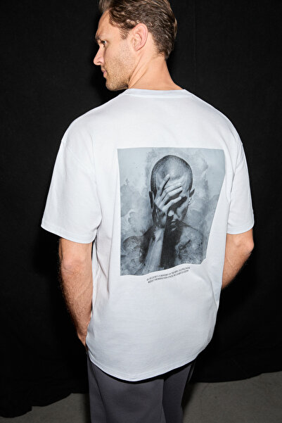 GRIMELANGE Light men's organic cotton crew neck white t-shirt with embroidery...