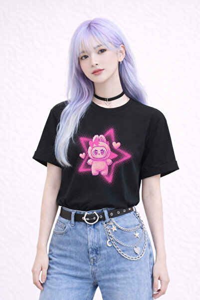 FANA Labubu Printed White Loose Fit T-Shirt – Oversize Cut 100% Cotton Women'...