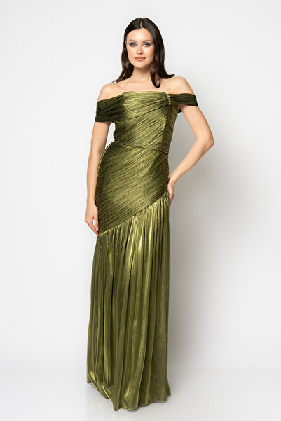 RENGIN Bedeni komple piliseli düşük kollu janjan şifon abiye elbise