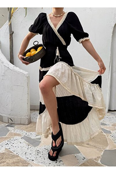 TOFAN TRİKO Vintage Festive Detailed Dress