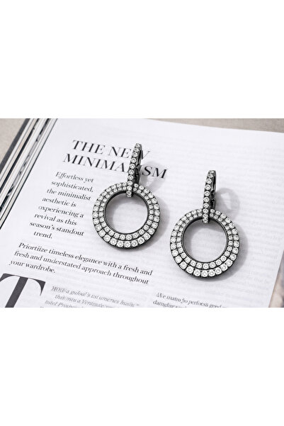 reyselstyle Black Colored Modern Design Zircon Stone Steel Hoop Earrings