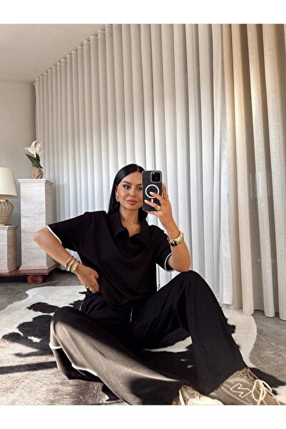 ALVOR Women's Black Polo Collar Stripe Detailed Oversize Top and Bottom Set