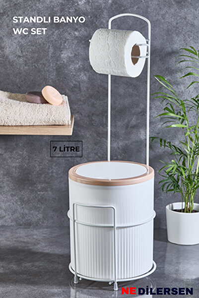 FeyzaDesign 7 Litre Metal Standlı Banyo Mutfak Tuvalet Kağıtlık ve Çöp Kovası...