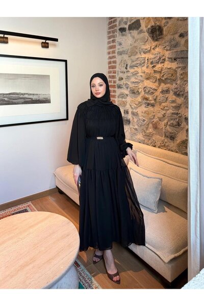 Miraydın Butik Layered Chiffon Dress with Gathered Belt Detail - Black