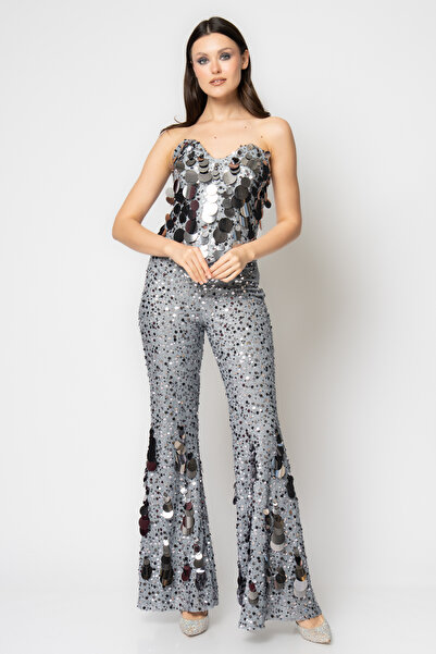 RENGIN Büstiyeri ve pantolonu büyük pul payetli ikili abiye takım