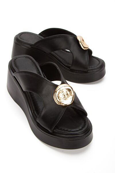 PASSAGE SHOES Women's Buckle Detailed Wedge Heeled Slippers 6342 Black