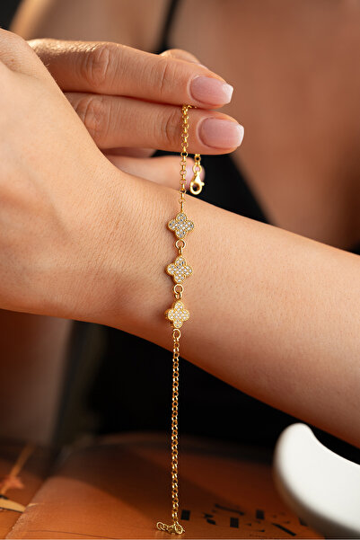 Silvano Jewelry 925 Ayar Gümüş Altın Kaplama Yonca Model Bileklik