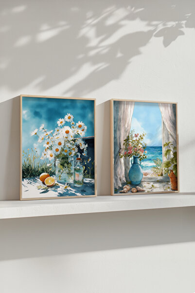 STARYUNA Wooden Framed Double Painting Set with Daisy and Sea View Yuna563