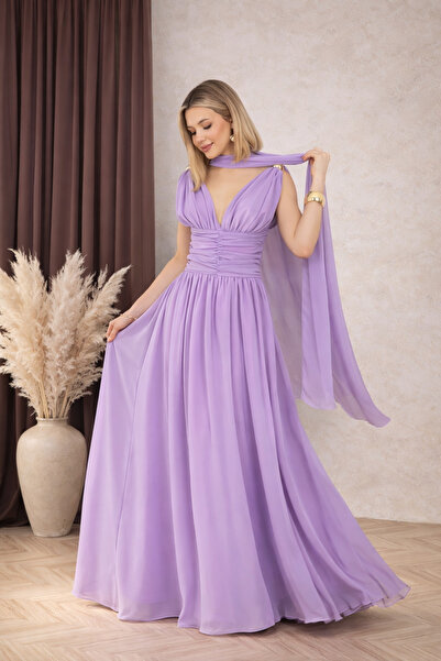 Rabia Çelik Kadın Fular Detaylı Omuzları Gold Aksesuarlı Uçuş Uçuş Askılı Max...