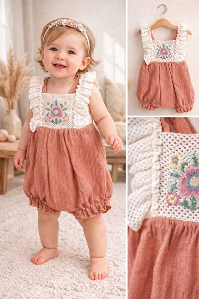 krm kerem bebe Eid Summer Lace Embroidered Strappy Muslin Baby Girl Jumpsuit