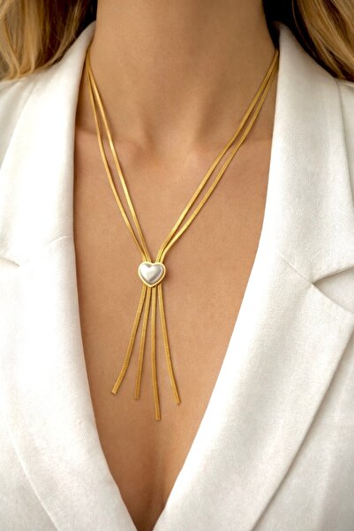 Çelik Gold Çoklu Zincir Kalp Püskül Detaylı Kolye-Çelik - Alerji Yapmaz-Karar...