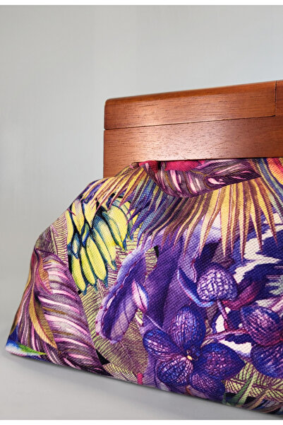 Sade Fashion Women's Tropical Patterned Wooden Detailed Clutch Bag Handmade