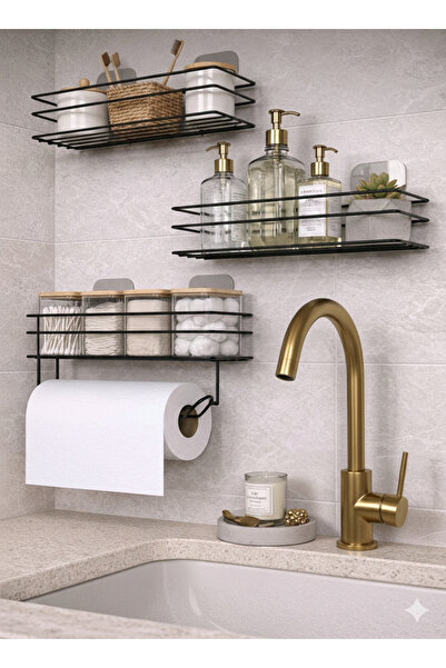 BUSEMSİ HOME Adhesive Kitchen Shelf Spice Rack 3-Piece Metal Paper Towel Hold...