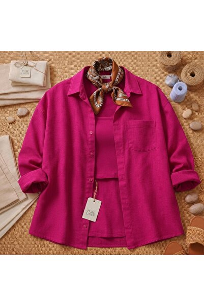 miremiran yakası kapanır Doğal Keten Kumaş salaş Kalıp Rahat Kesim gömlek FUŞYA