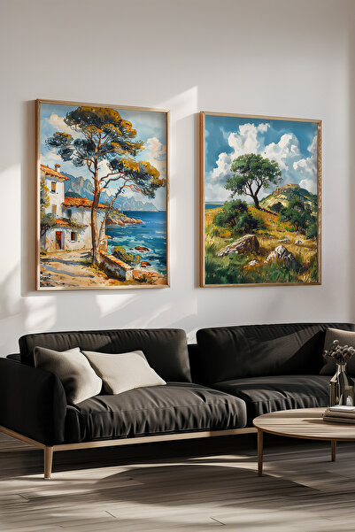 STARYUNA Wooden Framed Sea and Rural Landscape Double Painting Set Yuna560