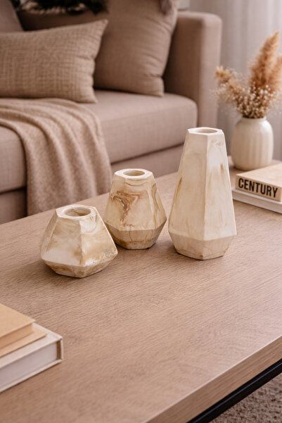 SCA CANDLE Geometrik Dekoratif Şamdan 3'lü Set Krem Rengi Mermer Efektli