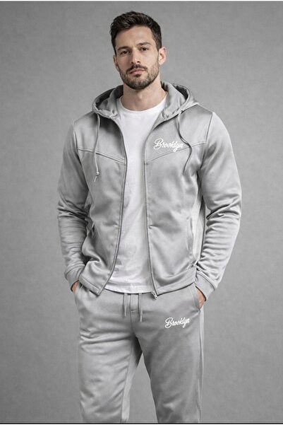 NOFLEN Gray Brooklyn Lettering Printed Scuba Zippered Black Tracksuit Set