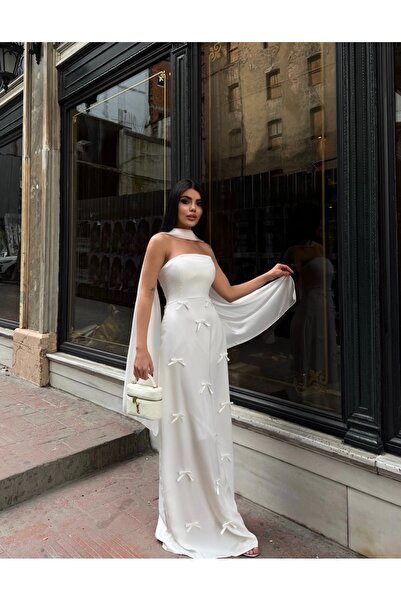 zoezoe Kadın Fular Detaylı Straplez Uzun Yırtmaçlı Astarlı Elbise Etek Üstünd...