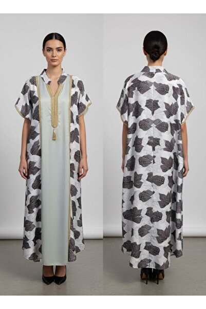 Generic A black and white floral cape with a sky-blue inner abaya.