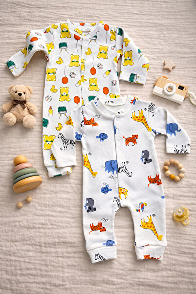 UmBaby Safari & Teddy Bear Pattern 2-Piece Baby Rompers 1-3-6 Months Compatib...
