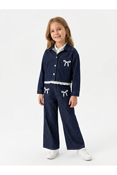 JENA Κοριτσίστικο Σετ Τζιν με Λευκό Φιόγκο, Ηλικίες 4-14, Σκούρο Μπλε