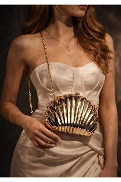 gül sezgin butik Women's Oyster Model Shiny Evening Dress Bag - Gold