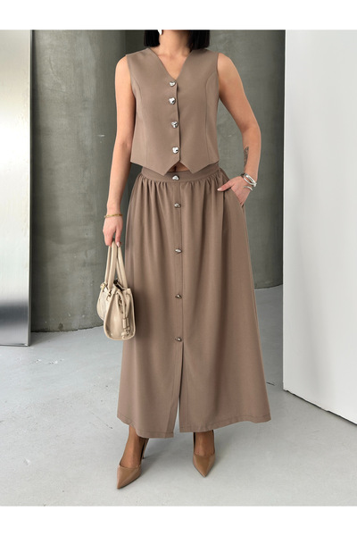 alenmoda Women's Lined Vest with Bottom and Top Buttons and Flared Skirt Set