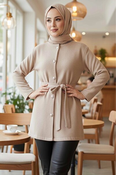 DAS KLEID Tied Buttoned Short Cashmere Coat Beige