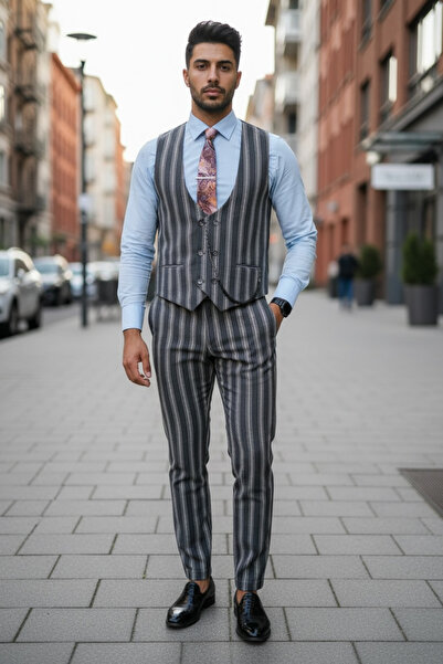 dehaine Men's suit, Pants + Vest, striped, event suit, Brown, B4104