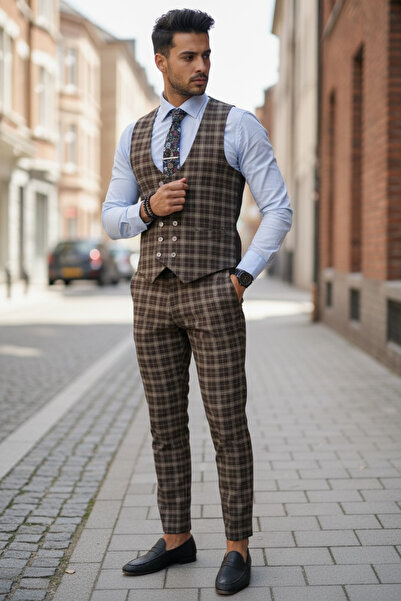 dehaine Men's suit, Pants + Vest, plaid, event suit, Brown, 12860