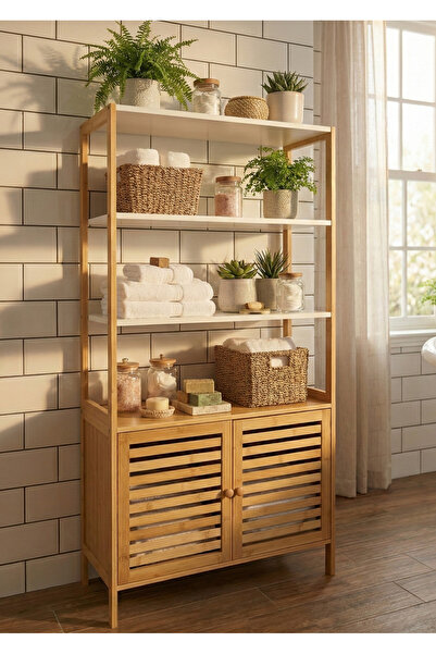 Robin Home Bambu Çok Amaçlı Raflı Banyo Düzenleyici 2 Kapaklı Dolap Beyaz-Bambu
