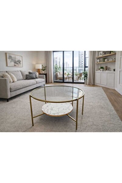 İMS ZİGON DÜNYASI Oslo Orta Sehpa - Şeffaf Cam / Mermer Desen Mdf