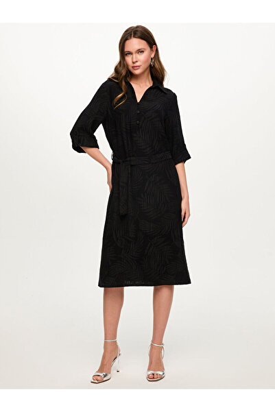 Faik Sönmez Yaprak Desenli Kendinden Dokulu Kısa Kol Elbise S26ELB041