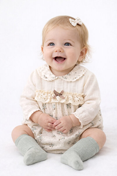 minicayzen Liora %100 Pamuk Mavi Çiçek Desenli Bebek Tulum (Çorap dahil)