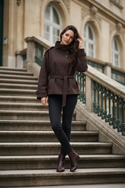 ASELMAVİ ACI KAHVE HUNİ YAKALI TRENÇKOT CEKET