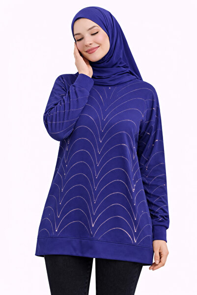 MİRA BUTİK Women's Side Slit Black Wave Patterned Stone Embroidered Long Slee...