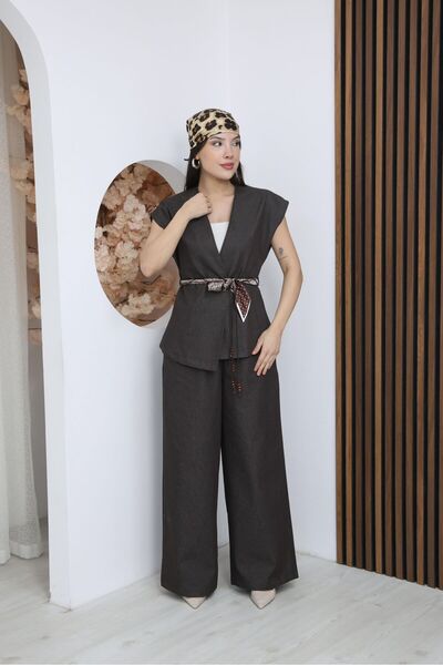 Moda Banuş Brown Satin Belted Lycra Denim Vest and Pants Set