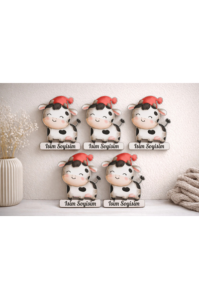 Reysa Tasarım Kişiye Özel Sevimli İnek Magnet – 5x5 cm MDF İsimlik