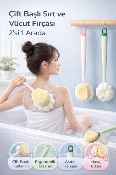 Tilbe Home Çift Taraflı Uzun Saplı Sırt Fırçası Duş Lifi Masaj Etkili Banyo K...