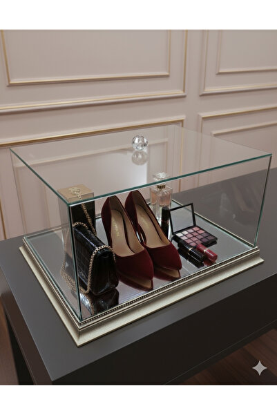 Glowvera Gümüş Ahşap İşlemeli Cam Çeyiz Kutusu Söz Nişan Gelin Damat Bohça Ku...