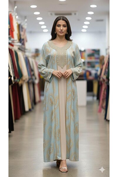 Generic A soft, sky-blue jalabiya with gold patterns and elegant embroidery t...