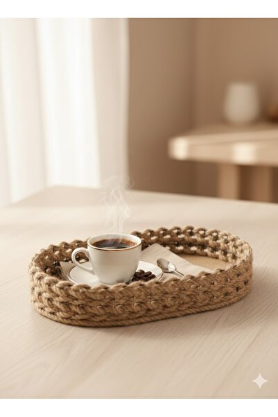 Bohem studio Bohem Hasır Tepsi El Örgüsü Doğal Jüt Dekoratif Sunum Tepsisi