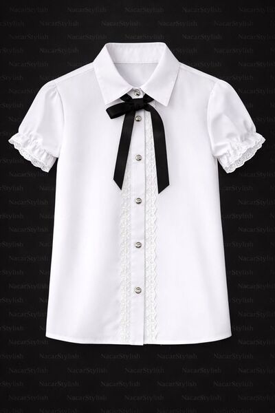 Nacar Kız Çocuk 23 Nisan 29 Ekim Gösteri Fiyonk ve Dantel Detaylı Gömlek - 23...