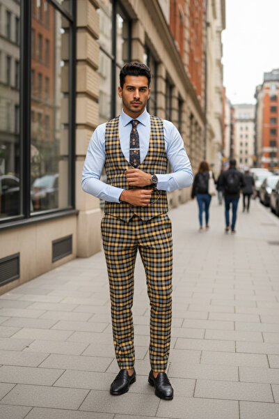 dehaine Men's suit, Pants + Vest, plaid, event suit, Brown, A4275