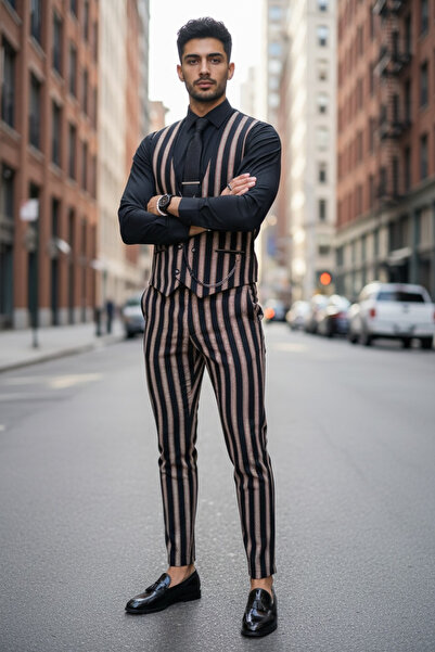 dehaine Men's suit, Pants + Vest, striped, event suit, Brown, B4061